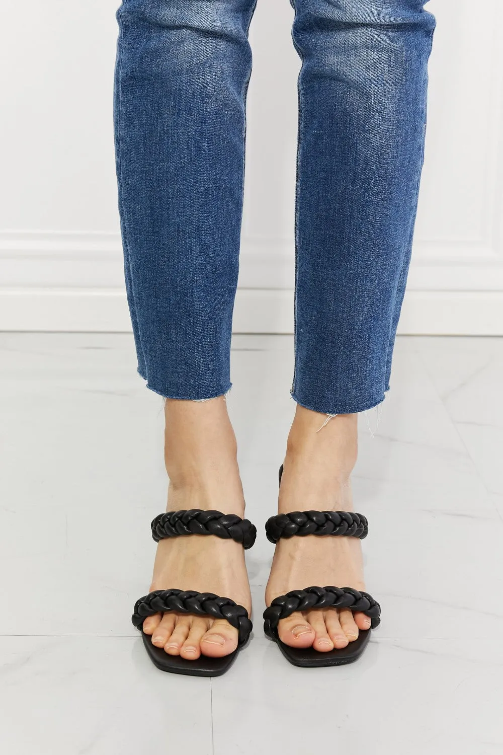 Black Double Braided Block Heel Sandal