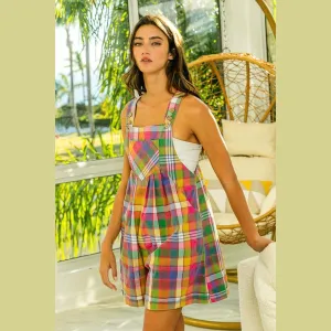 Bleached Vintage Plaid Wide Leg Overalls with Pockets