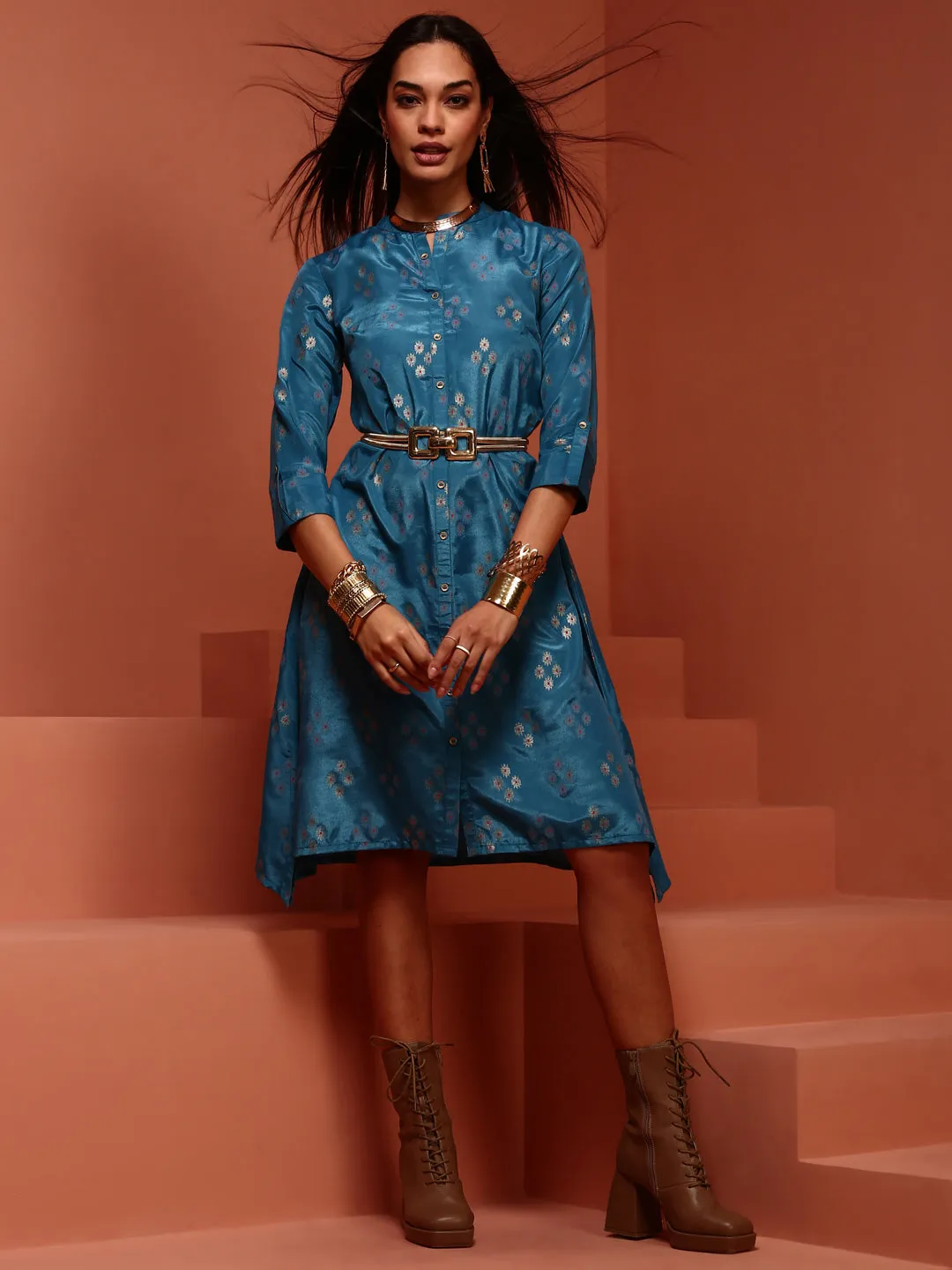 Blue Asymmetric Printed Kurta