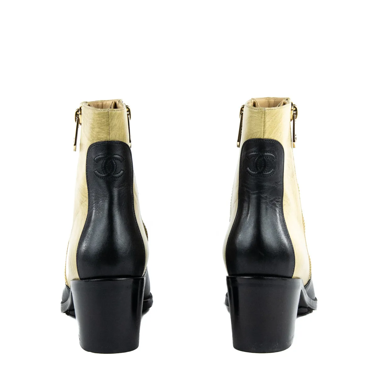 Chanel Black & Beige CC Ankle Boots Size US 12 | EU 42