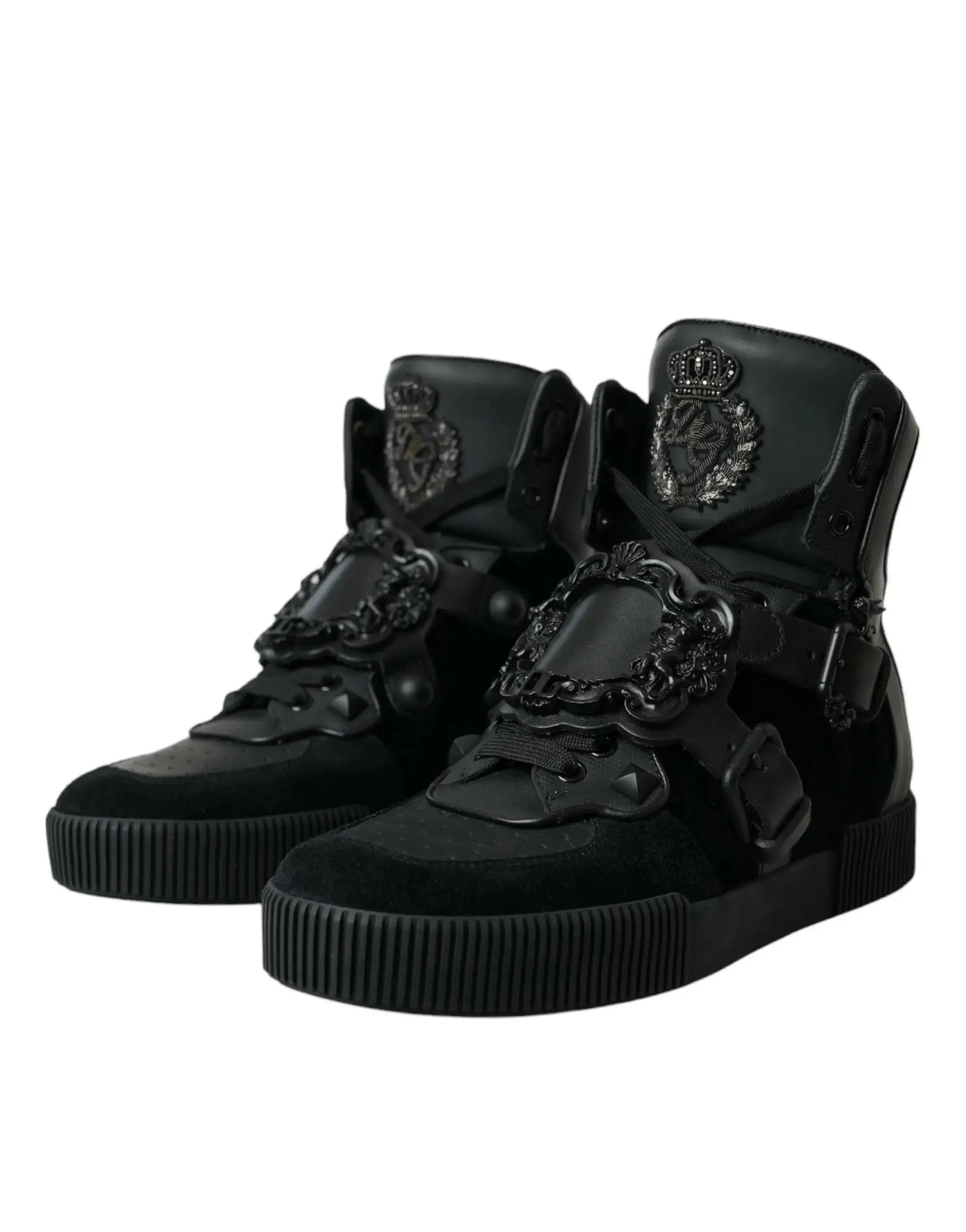 Dolce & Gabbana Baroque Buckle Hi-top Sneakers in Black Leather