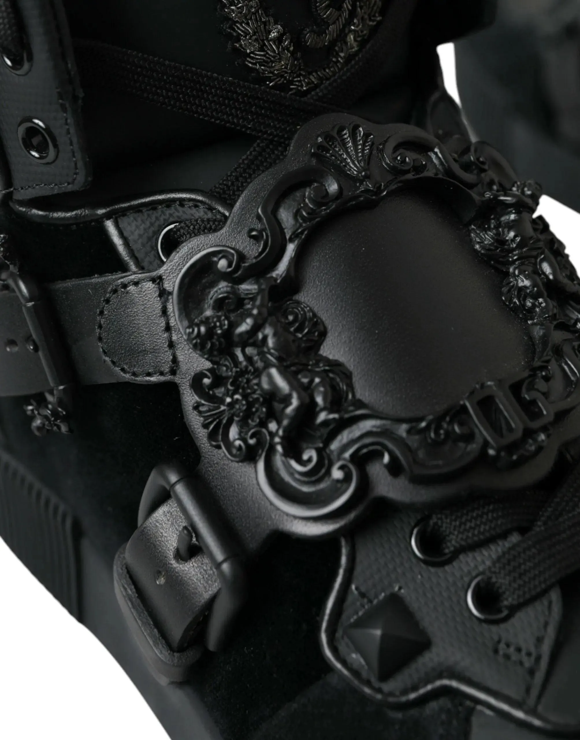 Dolce & Gabbana Baroque Buckle Hi-top Sneakers in Black Leather