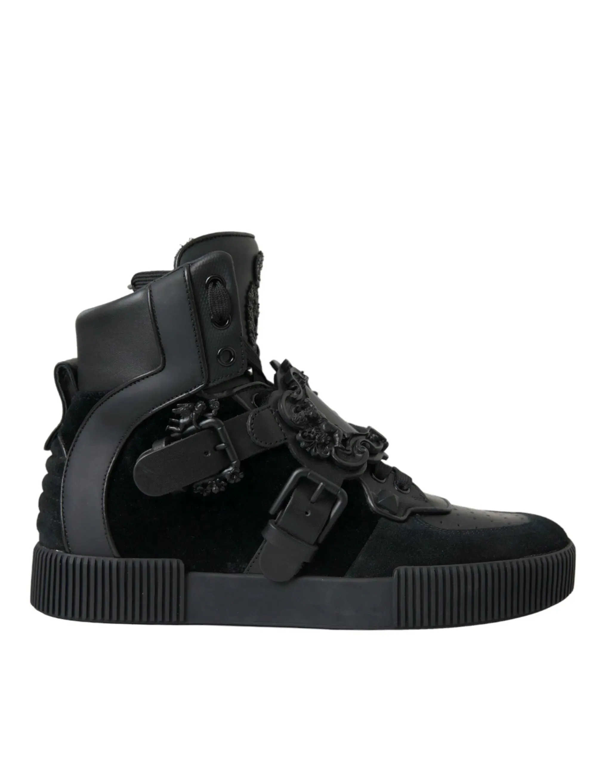 Dolce & Gabbana Baroque Buckle Hi-top Sneakers in Black Leather