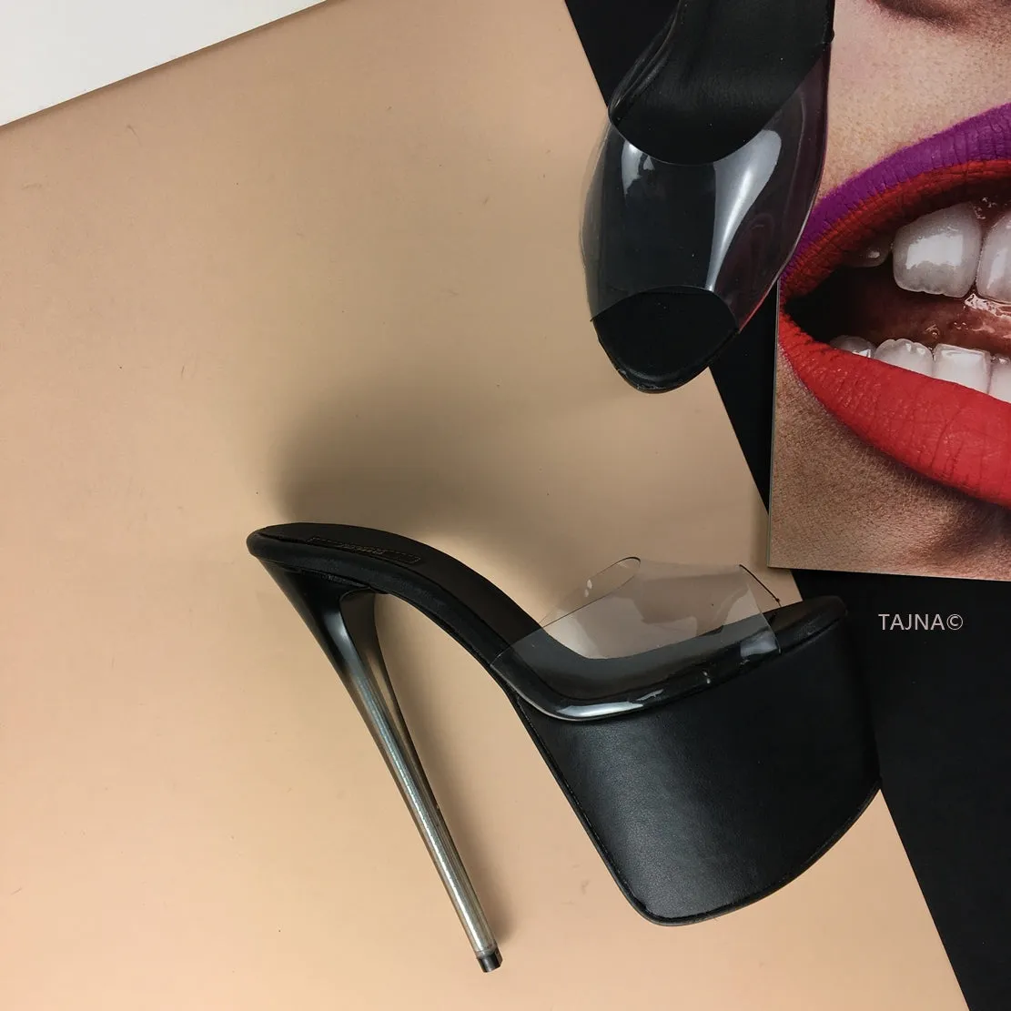 Glassy Heel Black Transparent Mules