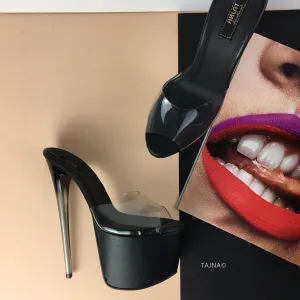 Glassy Heel Black Transparent Mules