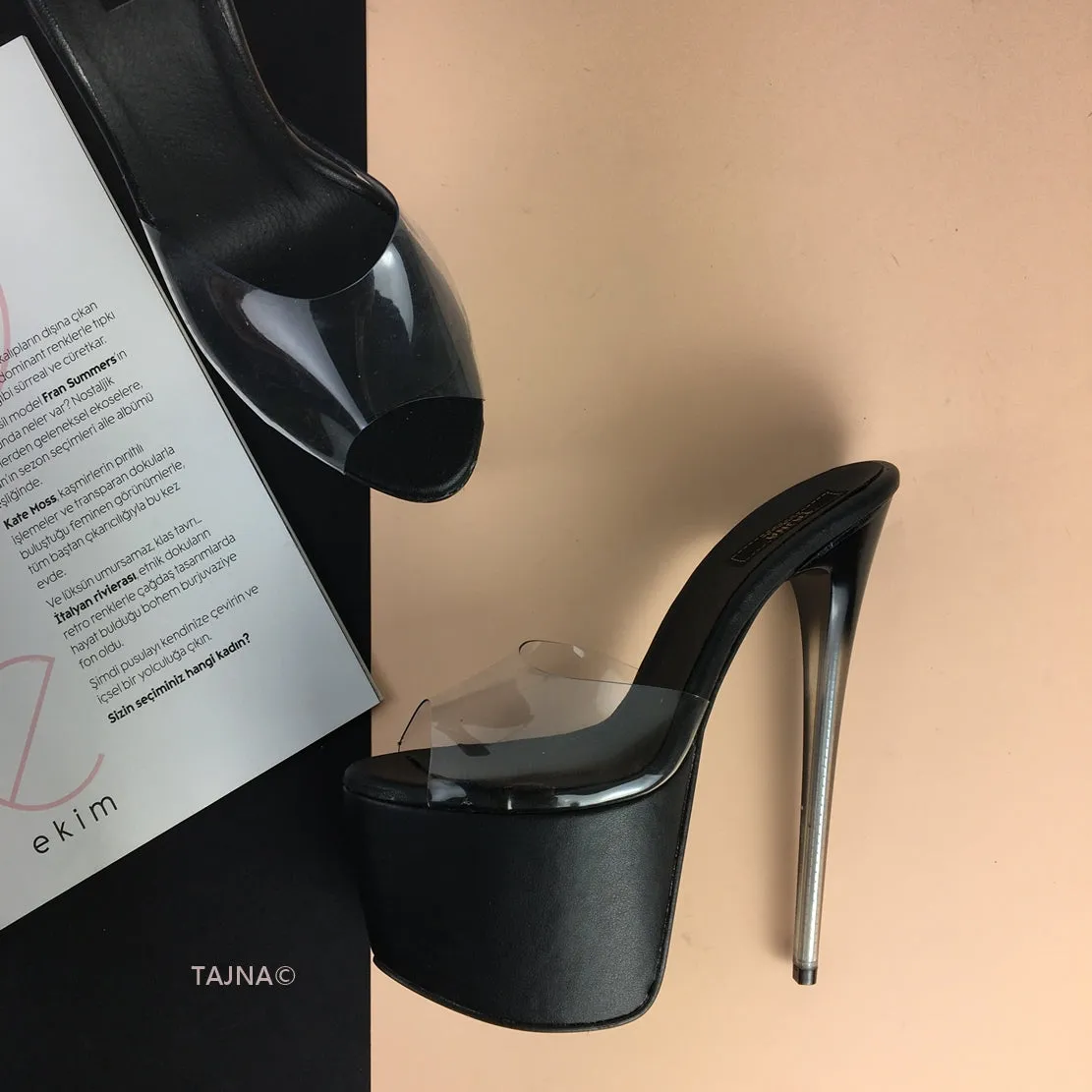Glassy Heel Black Transparent Mules