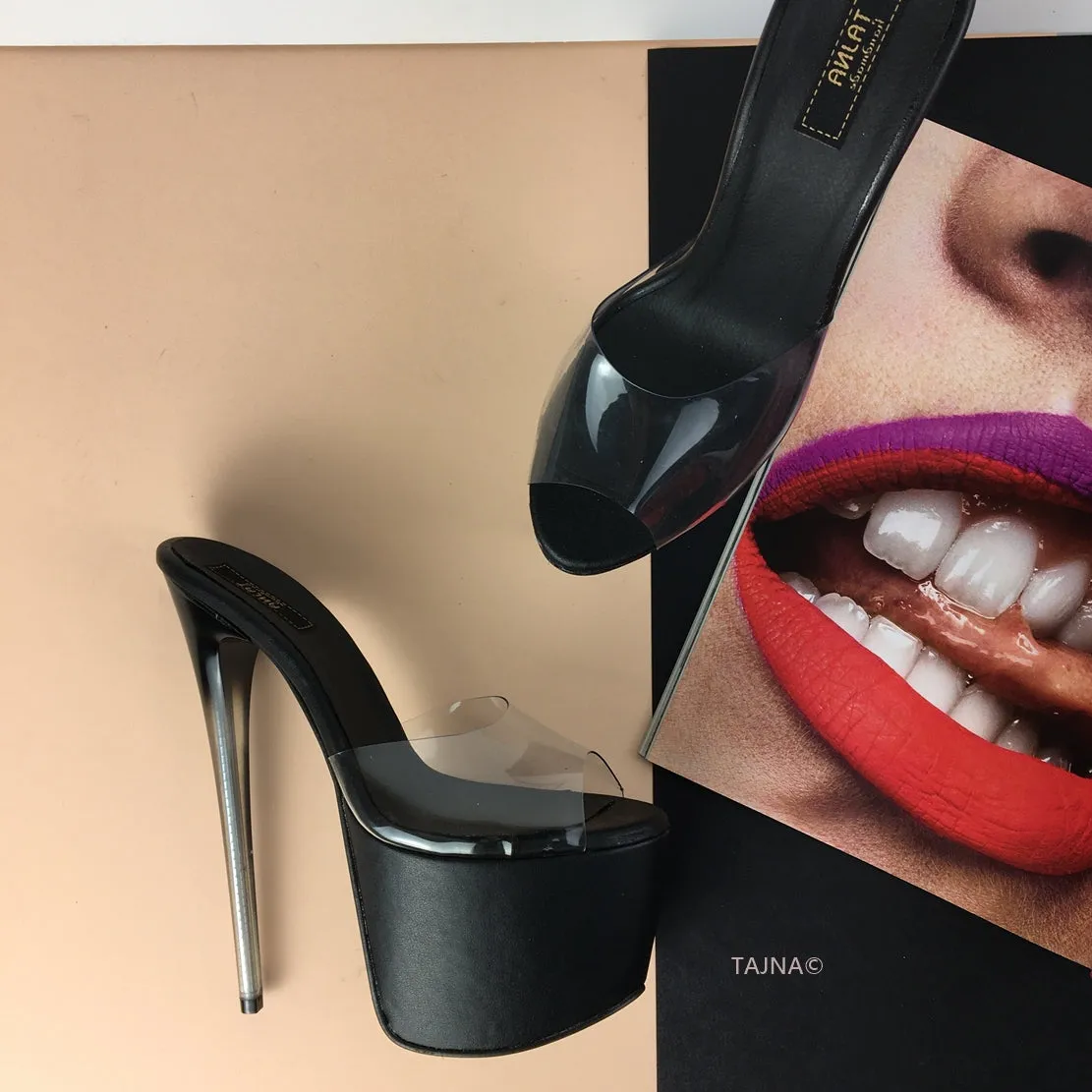 Glassy Heel Black Transparent Mules