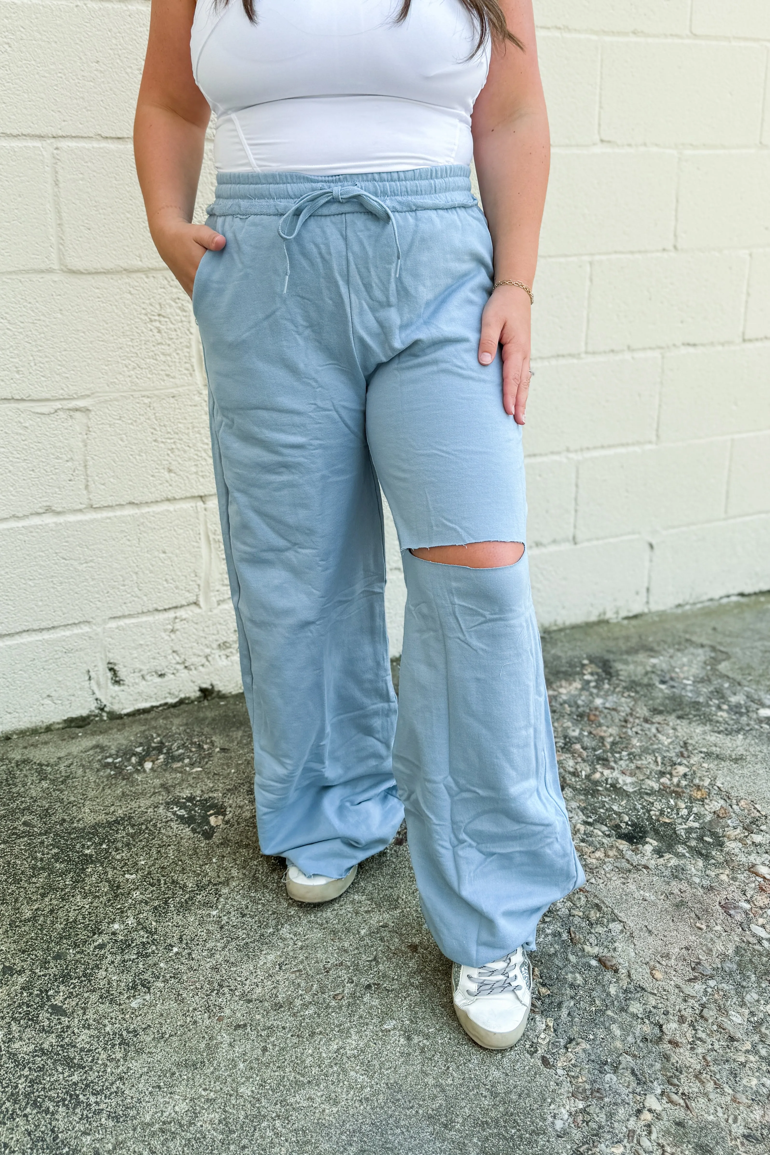 Just Laying Around Distressed Lounge Pants, Ash Blue