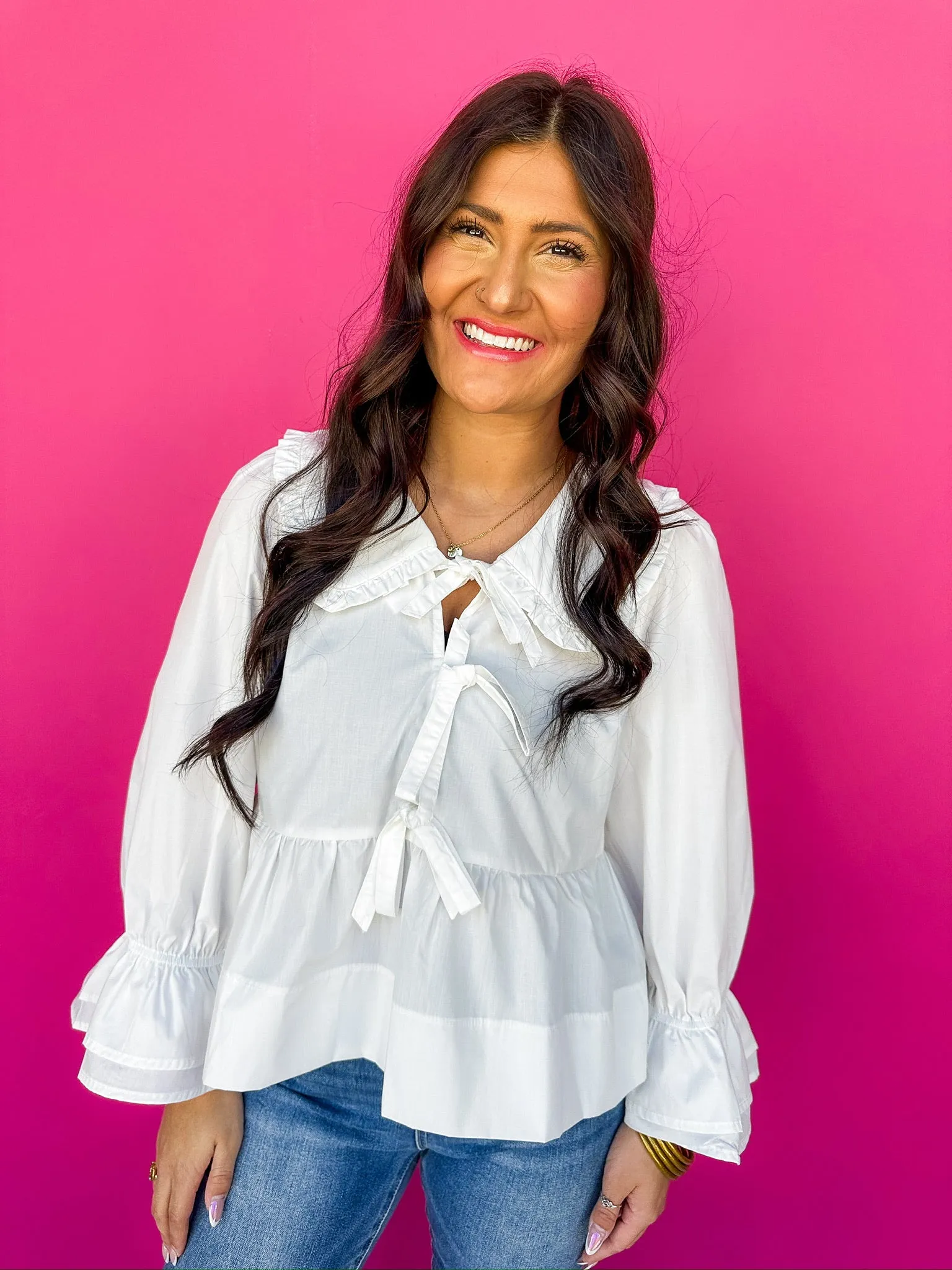 Ruffle Peter Pan Collared Faux Tie Front Poet Sleeve Top in Ivory
