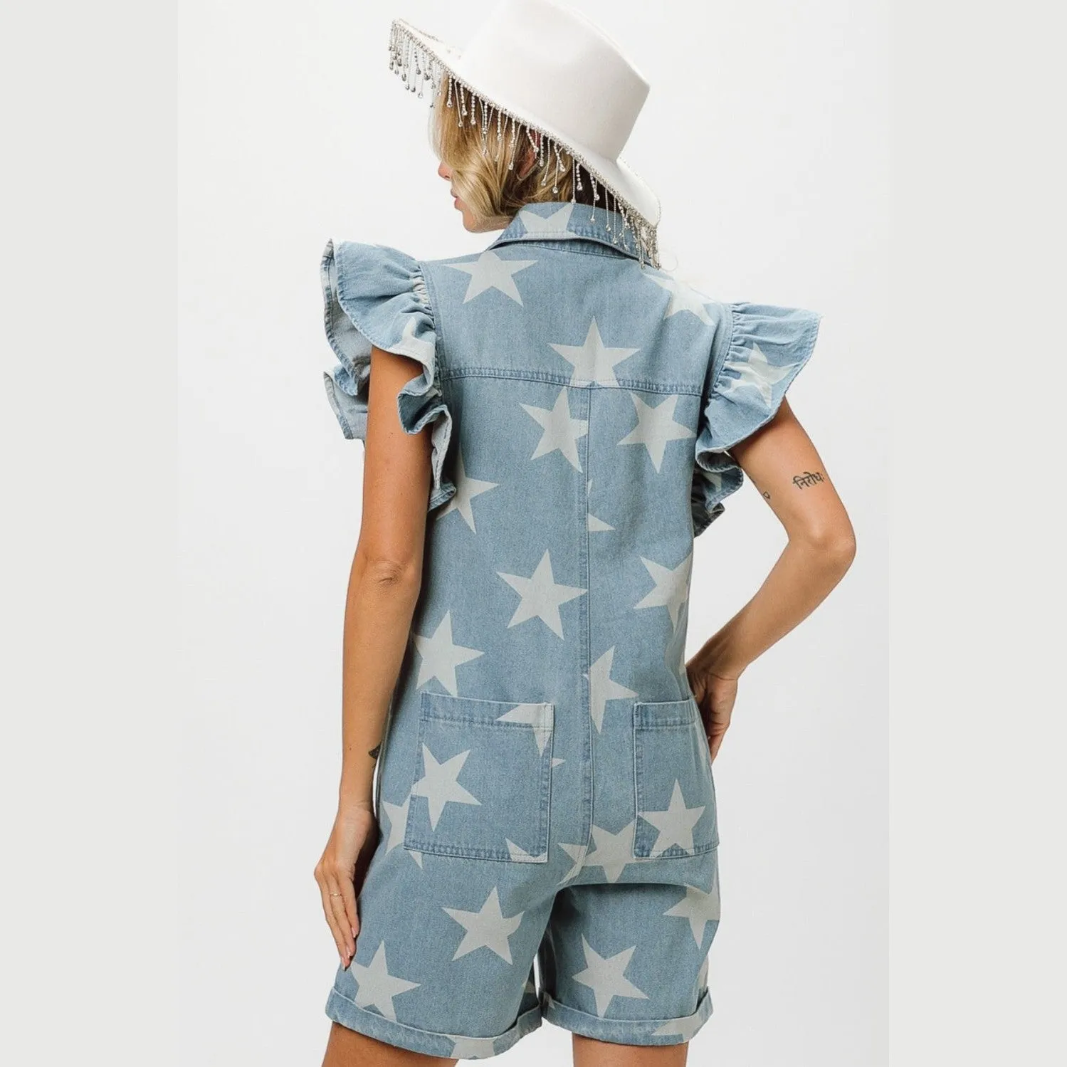 Ruffled Star Half Zip Denim Romper