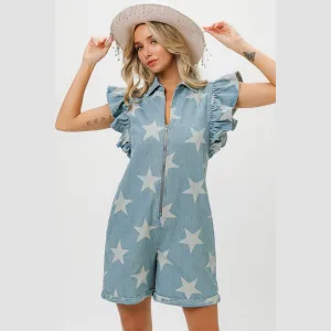 Ruffled Star Half Zip Denim Romper