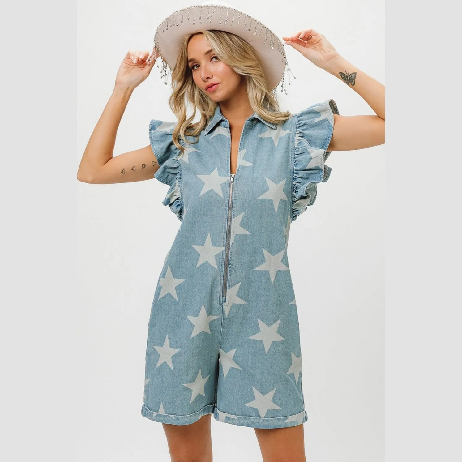Ruffled Star Half Zip Denim Romper
