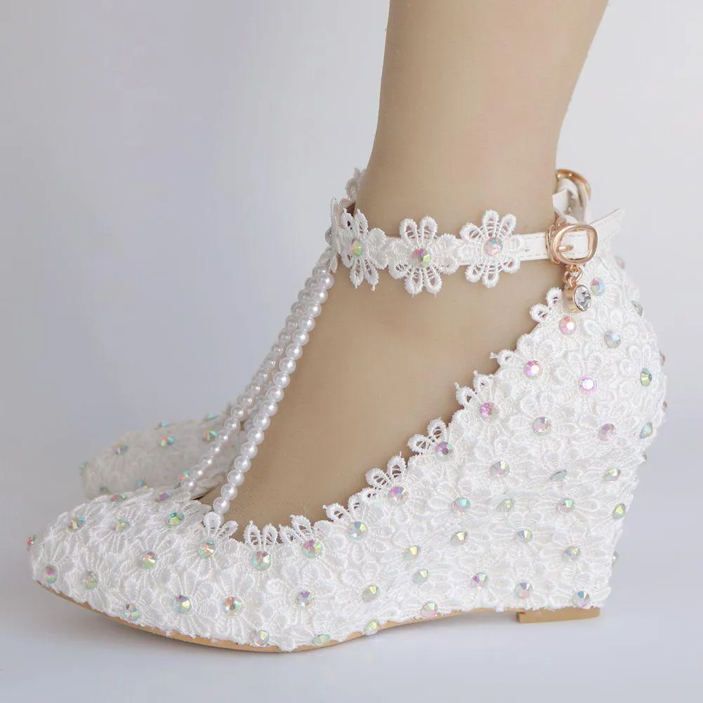 White lace pearls closed toe 3" wedge wedding sandals