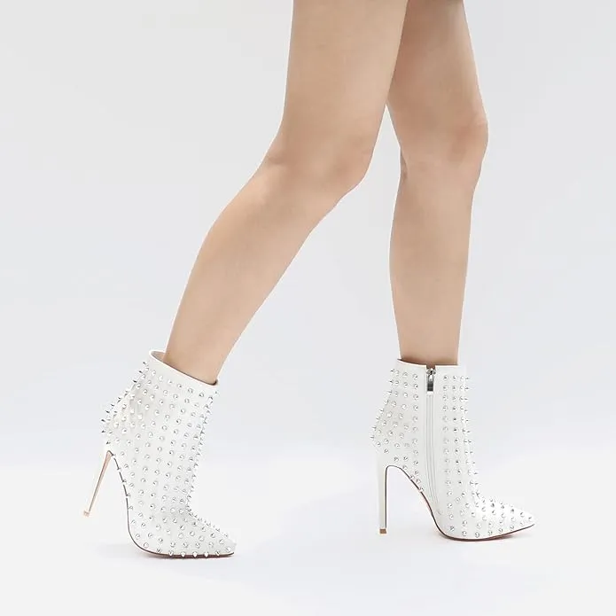White Silver Spiked Faux Leather Ankle Boots