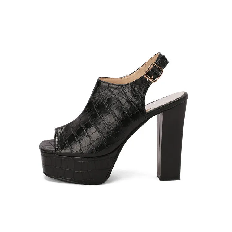 Women's Snake Print Hollow Out Ankle Strap Chunky Heel Platform Sandals