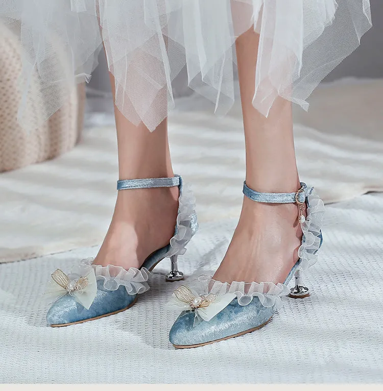Women's's High Heels Lolita Lace Pointed Toe Butterfly Knot Pearls Stiletto Sandals