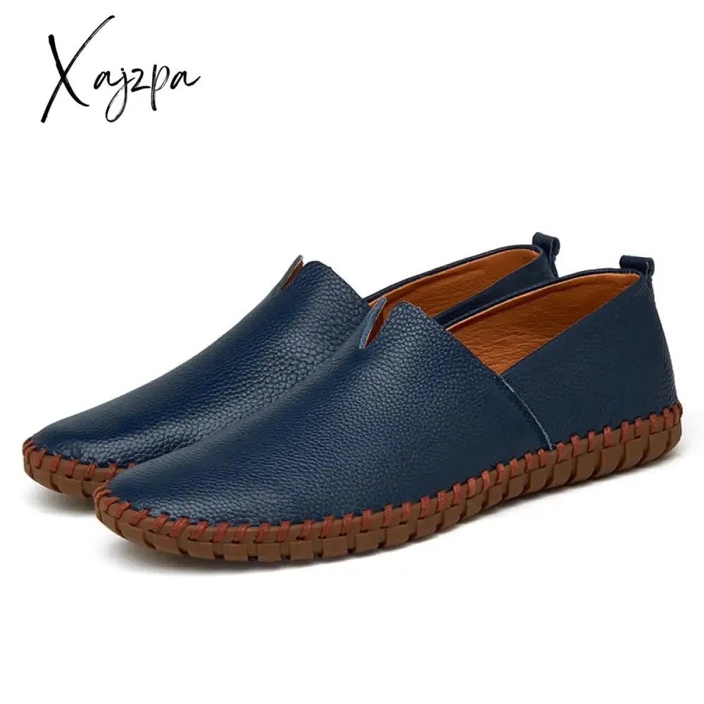 Xajzpa - Genuine Cow leather Mens Loafers Fashion Handmade Moccasins Soft Leather Blue Slip On Men's Boat Shoe PLUS SIZE 658