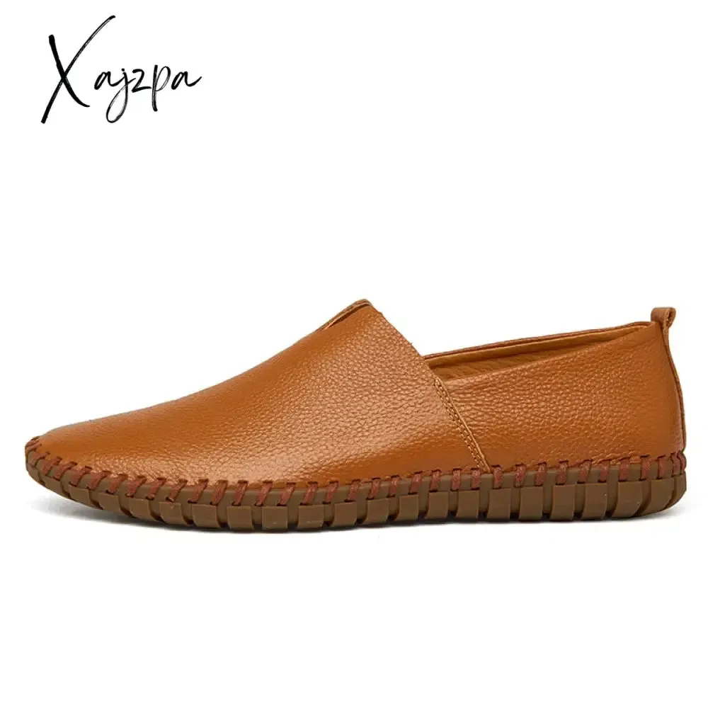 Xajzpa - Genuine Cow leather Mens Loafers Fashion Handmade Moccasins Soft Leather Blue Slip On Men's Boat Shoe PLUS SIZE 658