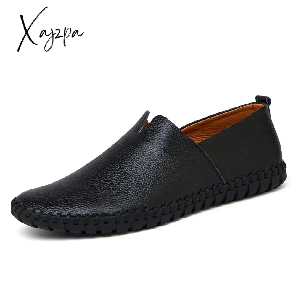 Xajzpa - Genuine Cow leather Mens Loafers Fashion Handmade Moccasins Soft Leather Blue Slip On Men's Boat Shoe PLUS SIZE 658