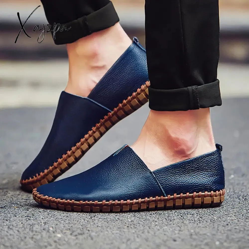 Xajzpa - Genuine Cow leather Mens Loafers Fashion Handmade Moccasins Soft Leather Blue Slip On Men's Boat Shoe PLUS SIZE 658