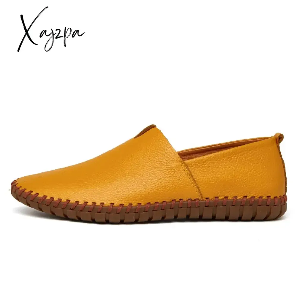 Xajzpa - Genuine Cow leather Mens Loafers Fashion Handmade Moccasins Soft Leather Blue Slip On Men's Boat Shoe PLUS SIZE 658