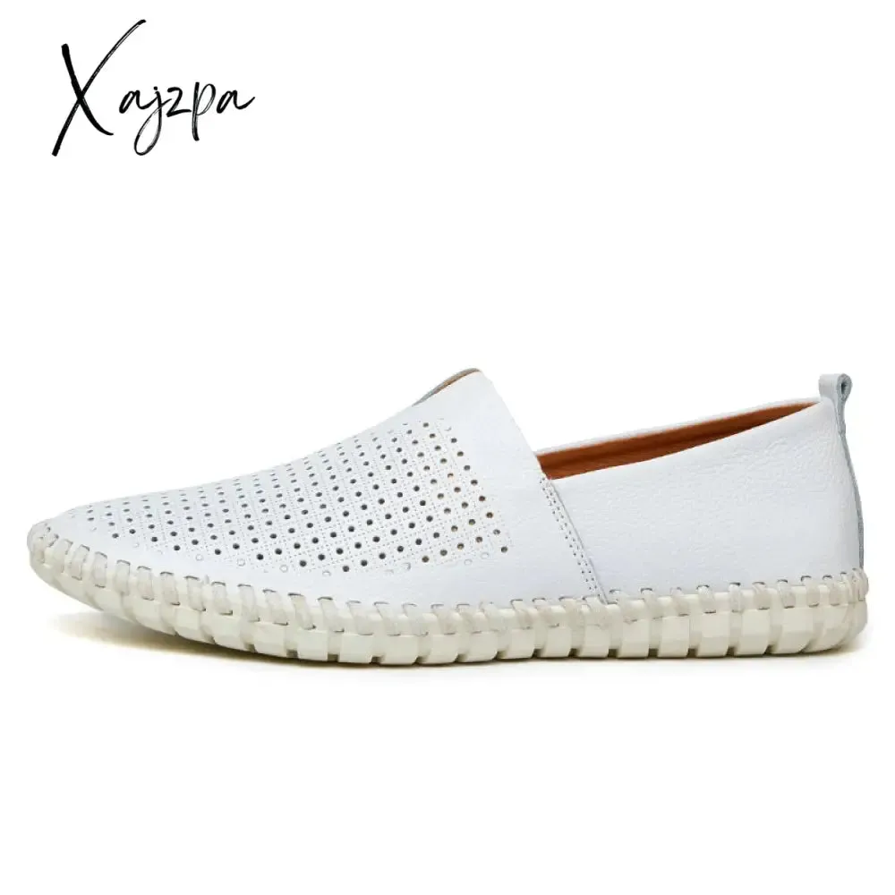 Xajzpa - Genuine Cow leather Mens Loafers Fashion Handmade Moccasins Soft Leather Blue Slip On Men's Boat Shoe PLUS SIZE 658