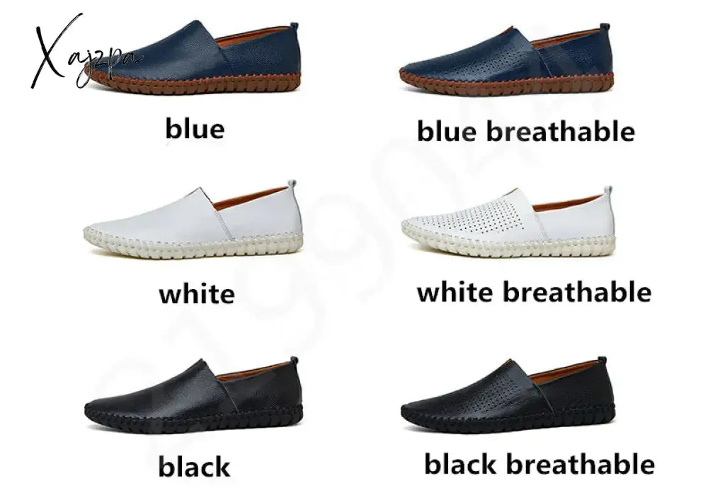 Xajzpa - Genuine Cow leather Mens Loafers Fashion Handmade Moccasins Soft Leather Blue Slip On Men's Boat Shoe PLUS SIZE 658