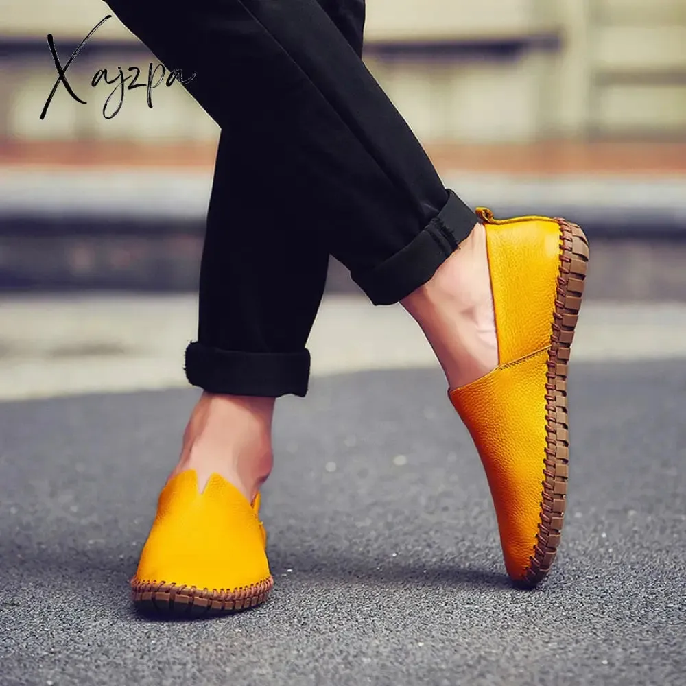 Xajzpa - Genuine Cow leather Mens Loafers Fashion Handmade Moccasins Soft Leather Blue Slip On Men's Boat Shoe PLUS SIZE 658