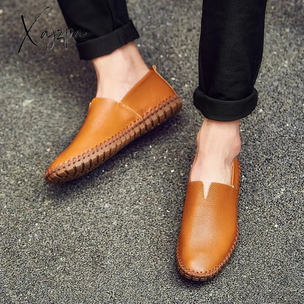 Xajzpa - Genuine Cow leather Mens Loafers Fashion Handmade Moccasins Soft Leather Blue Slip On Men's Boat Shoe PLUS SIZE 658
