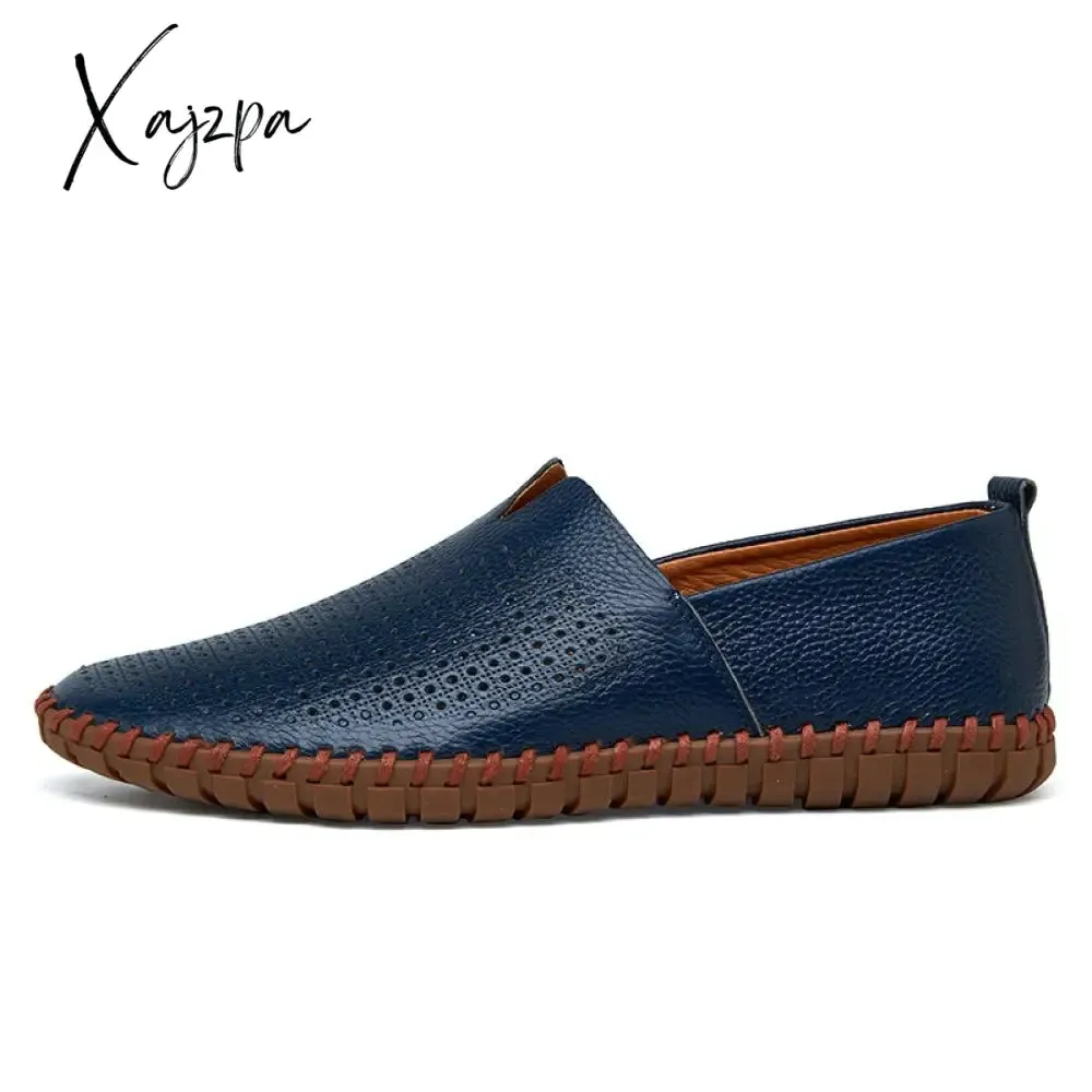 Xajzpa - Genuine Cow leather Mens Loafers Fashion Handmade Moccasins Soft Leather Blue Slip On Men's Boat Shoe PLUS SIZE 658