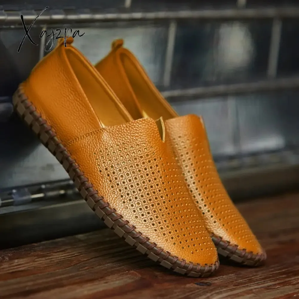 Xajzpa - Genuine Cow leather Mens Loafers Fashion Handmade Moccasins Soft Leather Blue Slip On Men's Boat Shoe PLUS SIZE 658